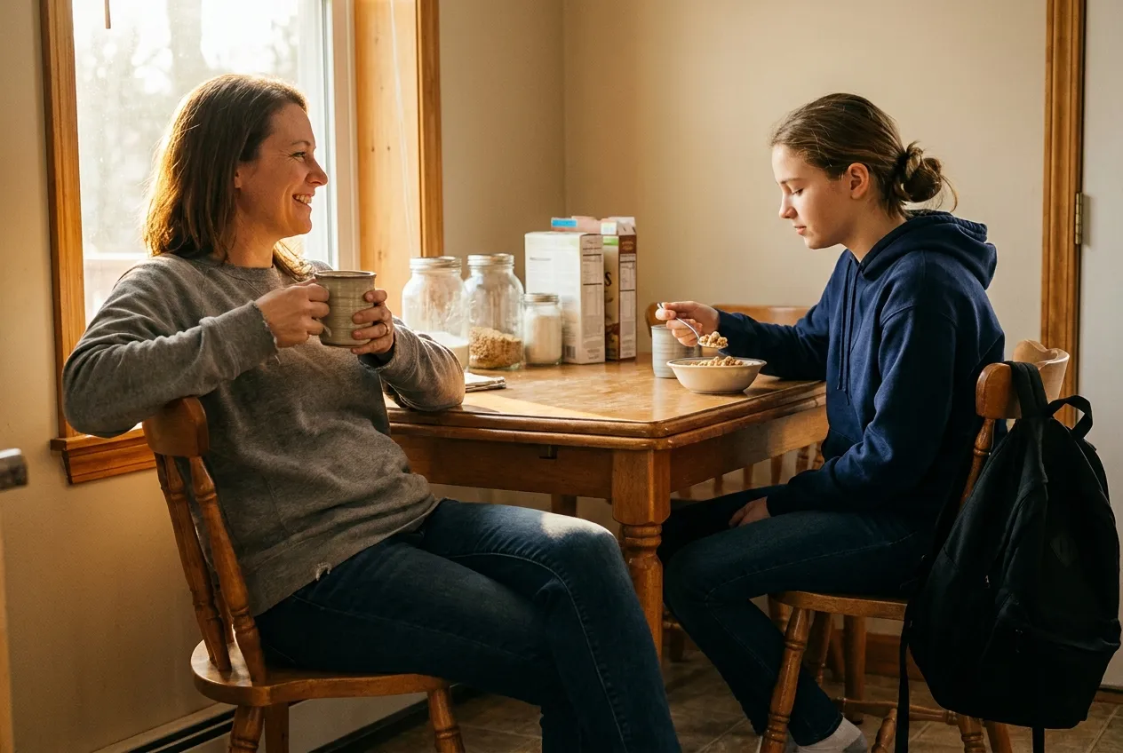 Mom and teen daughter having a calm breakfast before school