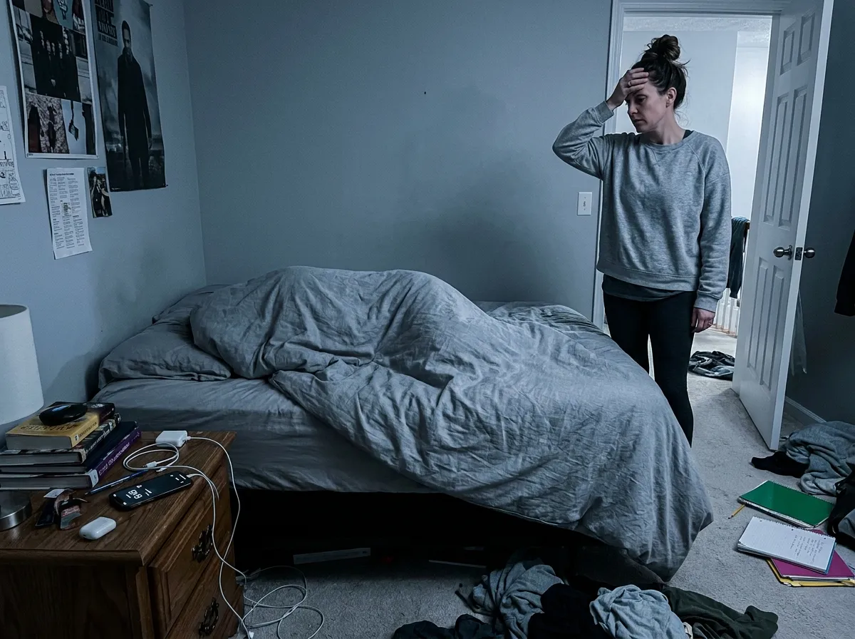 Exhausted mom at teen bedroom doorway in the morning