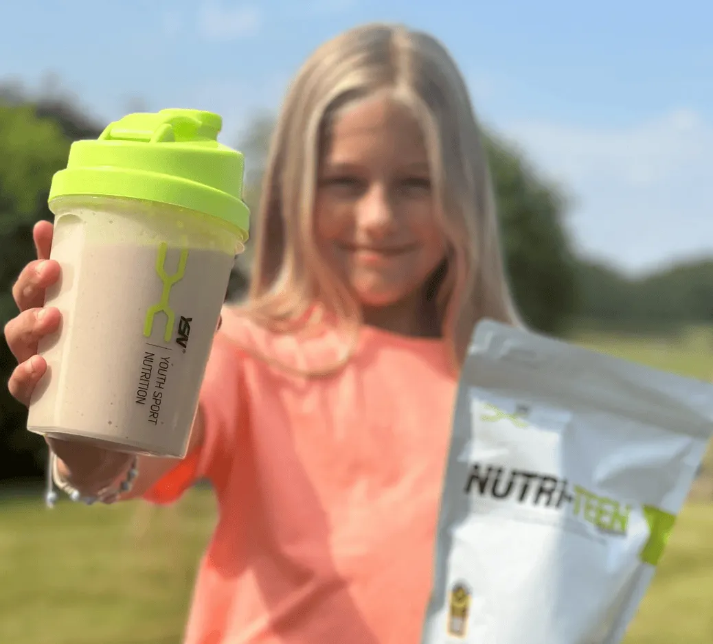 Girl holding a NUTRI-TEEN shake and pouch
